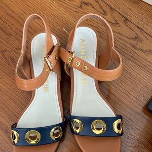 Anne Klein Tan and Navy Grommet Detail Slingback Sandals